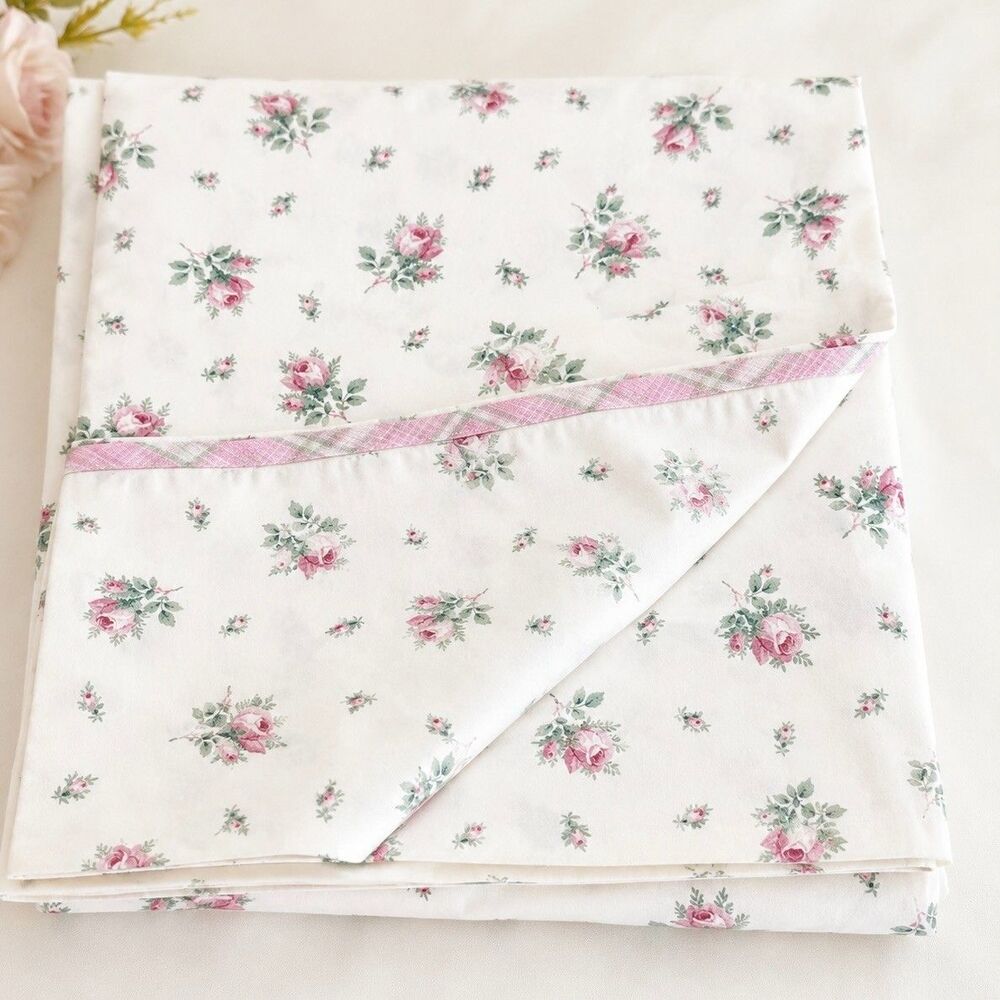 Vintage Laura Ashley Queen Flat Sheet Pink Rose Floral Cottagecore 100% Cotton